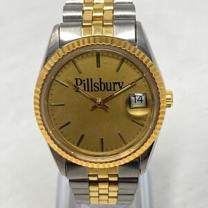 Pillsbury Watch Men 35mm Silver Gold Two Tone Date Bubble Round New Battery 7"